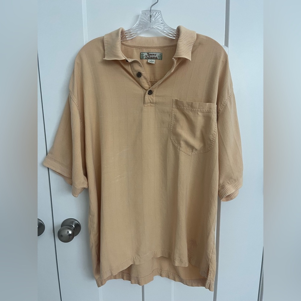Tommy Bahama 100% Silk Polo Shirt Men L Yellow Cream Short Sleeve Island Texture